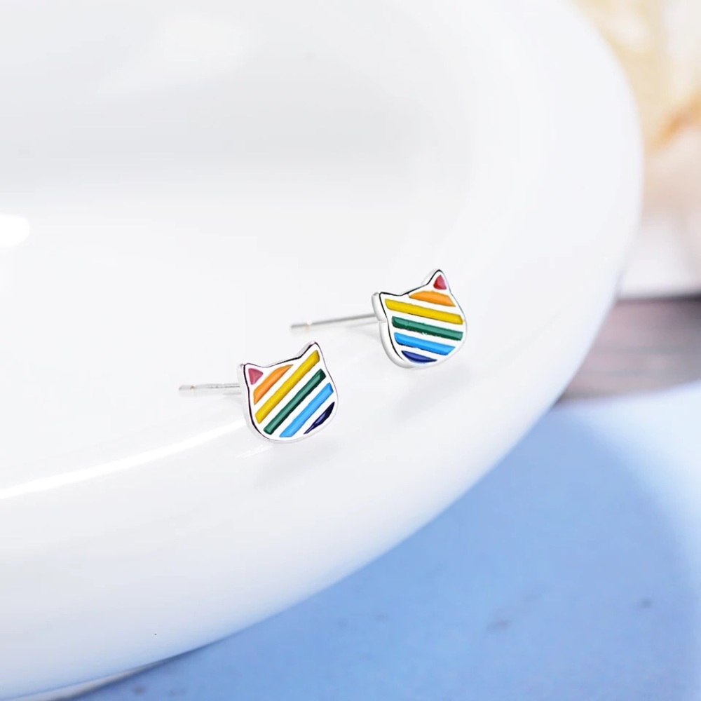 New Sterling Silver 925 Rainbow Cat Face Stud Earrings set